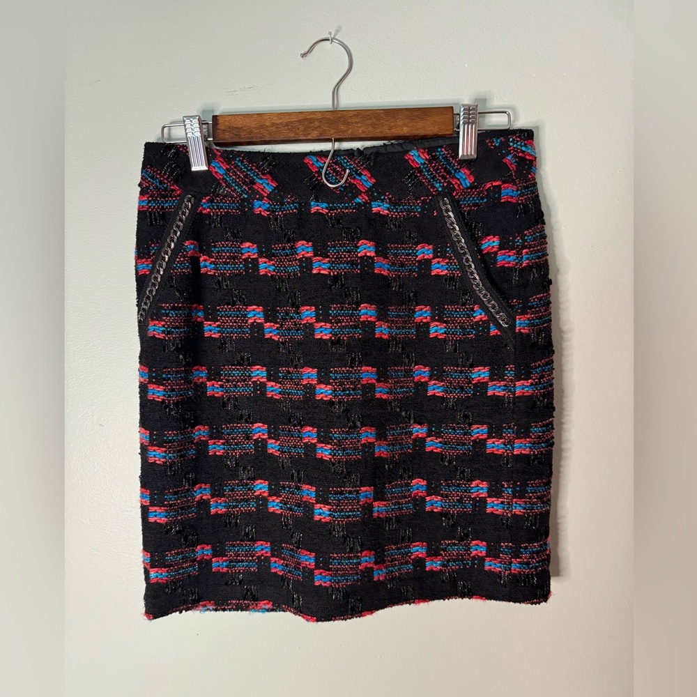 Trina Turk Tweed Plaid Mini Skirt in Black Red Blue Metallic Size 0